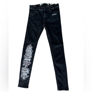 Off-White Black Gothic Skinny Jeans with White Embroidery Women Size US25